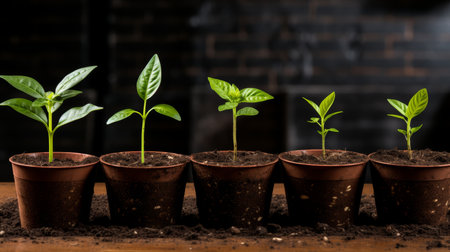 Beginning of growth delicate young shoots emerging from freshly planted flower seedsの素材