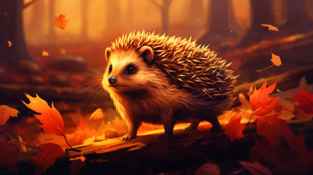 Charming illustration of hedgehog strolling on forest floor covered in fallen leavesの素材