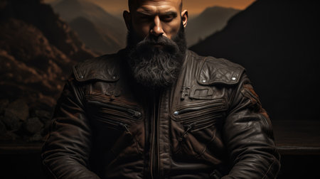 Powerful close up of tough motorcyclist in leather gear for striking visual impactの素材