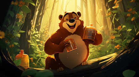 Cheerful bear picnicking with honey in forest, cute cartoon illustration in joyful styleの素材