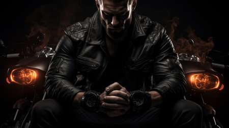 Intense close up of tough biker in leather motorcycle attire for powerful visual impactの素材