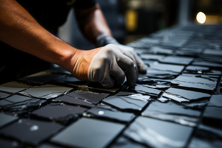 Experts crafting ornamental path with tiles and rocks for exceptional outdoor pathwayの素材