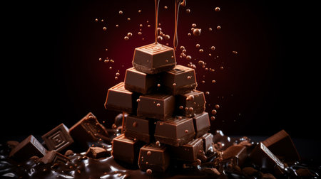 Chocolate chunks splashing in liquid against dark backdrop, tempting dessert ideaの素材