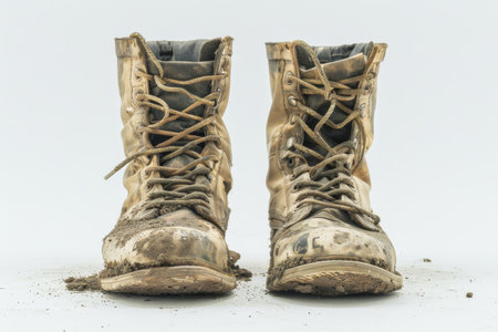 Detailed close up of military soldier s high lace up boots on plain white backdropの素材