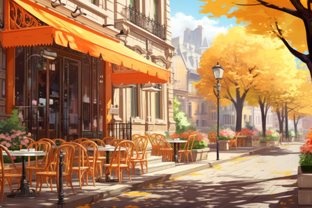 Cozy sunlit terrace cafe illustration of a cozy cafe with terrace bathed in warm sunlightの素材