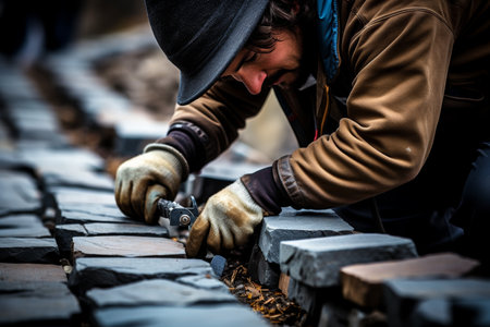 Experts crafting ornamental pathway using tiles and stones for exquisite outdoor walkwayの素材