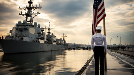 American naval soldier standing on warship deck near united states flag in military ship settingの素材