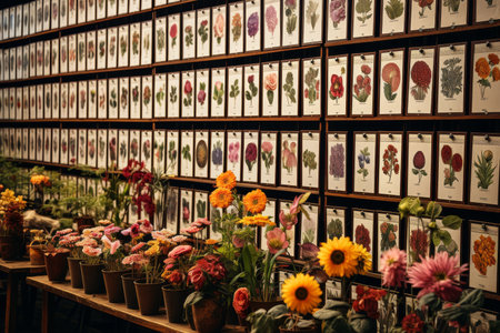 Diverse seeds and blooms showcase seed packets and flower varieties for plantingの素材