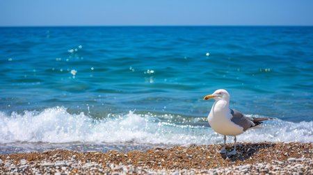 Elegant white seagull gracefully standing on sandy seashore by the calm blue seaの素材