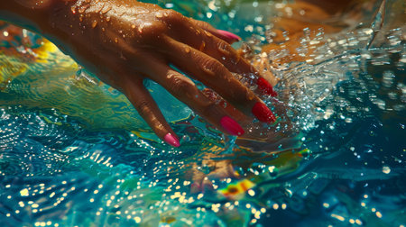 Close up 3d illustration woman s hand crafting vibrant rainbow ripples in waterの素材