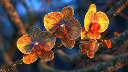 Blooming phalaenopsis orchids on mossy tree branches vibrant nature illustrationの素材