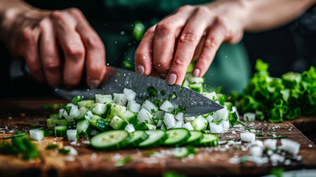 Woman preparing fresh salad, slicing cucumbers and onions on kitchen cutting boardの素材