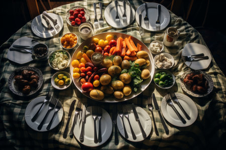 Neatly arranged cutlery and linen napkin on kitchen table, top view for organized dining settingの素材