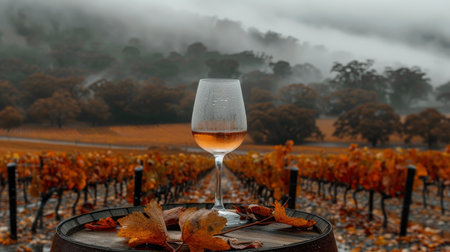 Red wine glass on barrel, misted, with blurred vineyard view in backdrop for serene ambianceの素材