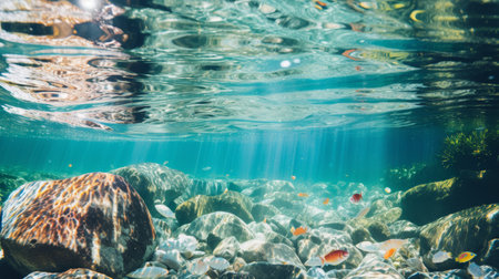 Sunlight reflection on ocean surface revealing underwater rocks and shells from aboveの素材