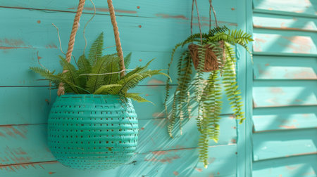 Rustic pistachio wood backdrop, fern leaves in basket hanging on twine for charming decorの素材