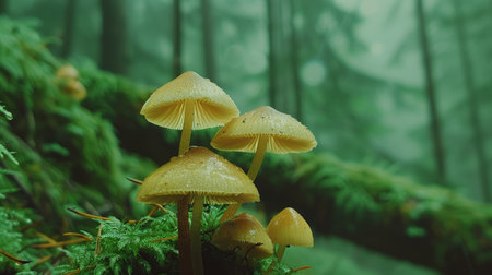Macro photography close up of small mushrooms in lush moss covered forest environmentの素材
