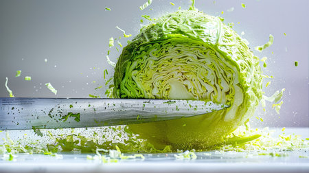 Sharp knife cuts cabbage, leading to explosion of shredded cabbage on white backgroundの素材