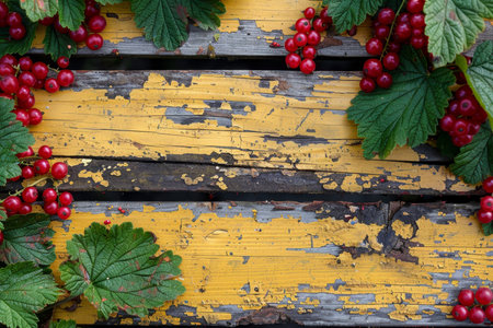 Aerial view of aged wooden table surrounded by red currant bushes, ideal for text placementの素材
