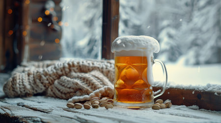 Winter scene framed by window with beer mug, frothy top, and pistachios on windowsillの素材