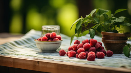 Country style table arrangement with 3d cup of ripe raspberries in a rustic home settingの素材