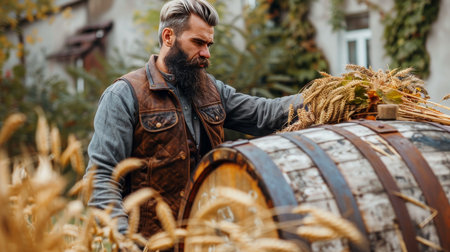 Senior muscular brewer in leather vest with beer barrel and barley in traditional brewery settingの素材