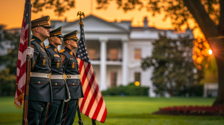 American marines in ceremonial dress uniform guard with us flag at the white house lawnの素材