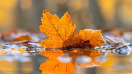 Vibrant Yellow Autumn Leaves Mirrored in Tranquil Water, Fall Foliage Reflected., Autumnal Beautyの素材