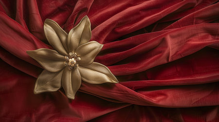 Luxurious dark red velvet background with intricate golden floral ornament in the upper left cornerの素材