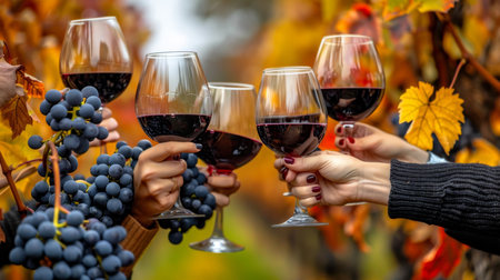 Peasants celebrating successful grape harvest, toasting with wine glasses amidst lush vineyardの素材