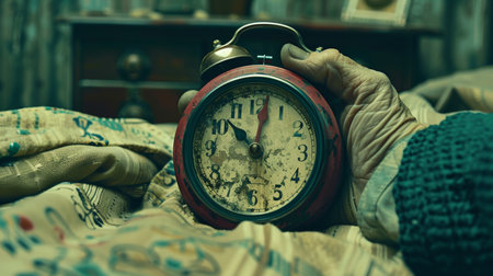 An elderly hand tenderly holding a weathered, vintage alarm clock against the worn sheets of a bed.の素材