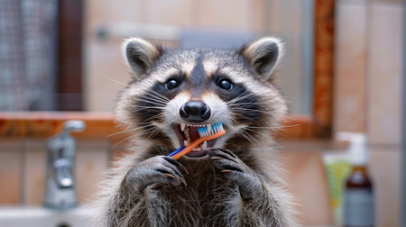 Raccoon with toothbrush getting ready to brush teeth, reflected in front of bathroom mirrorの素材