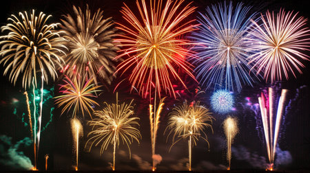 Colorful fireworks illuminate the dark night sky, creating a spectacular and vibrant displayの素材