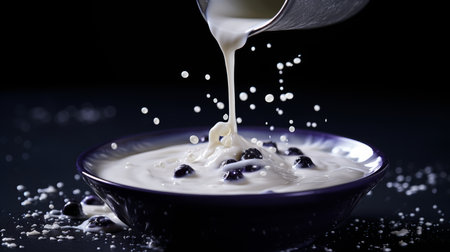 Realistic 3d milk splash on deep blue background, dynamic and vibrant illustrationの素材