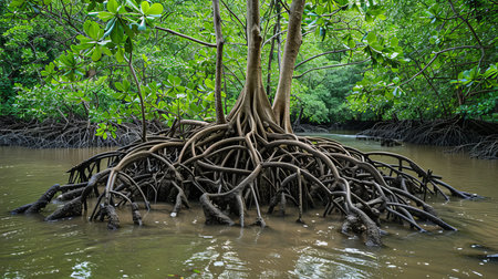 Mesmerizing display of mangrove thickets with intricately intertwined underwater rootsの素材