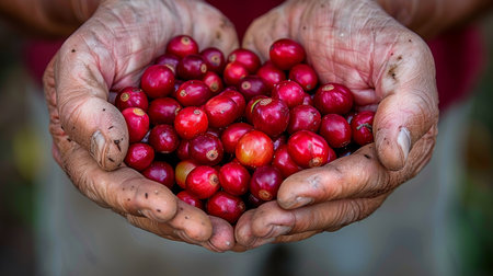 Close-Up Farmers Hands, Rough And Soiled, Carefully Cradle A Handful Of Ripe, Red Coffee Berries.の素材