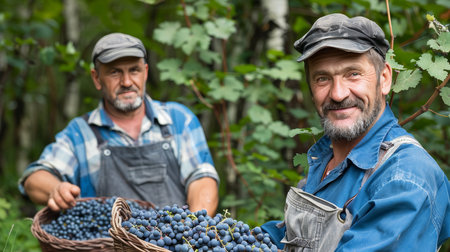 Peasants harvesting grapes with bright flowers, capturing worker's actions and emotionsの素材