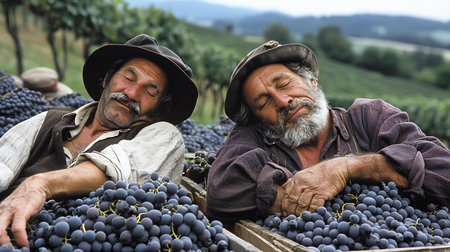 Exhausted Winemakers Resting on a Grape Harvest, Tired Farmers Taking Break, Viticulture Industryの素材