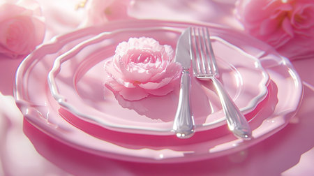 Delicate Pastel Table Setting Pink Plates, Silverware, and a Buttercup Flower on Pink Linenの素材