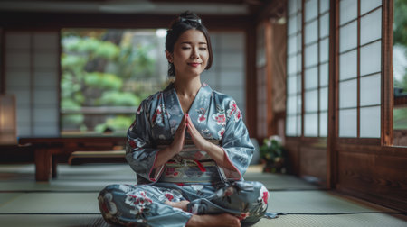 Young japanese woman in elegant floral kimono kneeling inside traditional japanese houseの素材