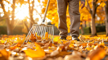 Park gardener collecting fallen autumn leaves, raking them into a tidy pile for seasonal cleanupの素材