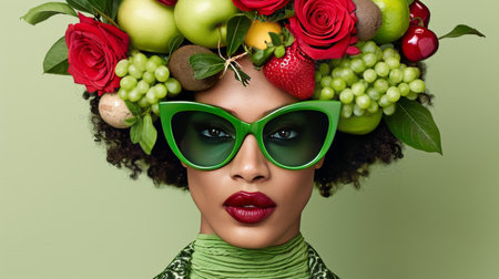 Portrait of a Stylish Woman with a Fruit Headdress and Green Sunglasses on a Green Backgroundの素材