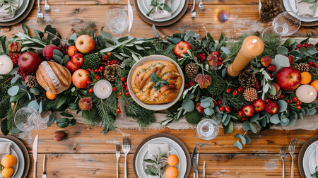 Rustic Christmas Table Setting with Festive Centerpiece, Seasonal Fruits, Candles and Eucalyptusの素材
