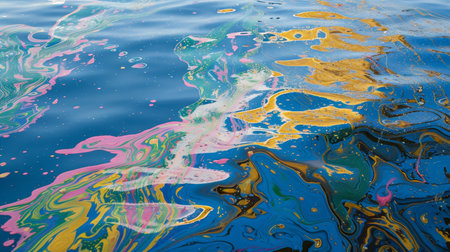 Vibrant oil swirls in water a stunning display of blue, gold, green, and pink colorsの素材