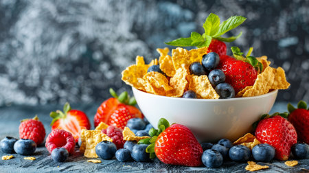 Healthy Breakfast. Cornflakes, Strawberries, Blueberries, and Mints. Summer Breakfast Concept.の素材