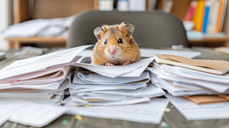 Cute Hamster Overwhelmed by Paperwork Chaos. Symbol for Stress, Bureaucracy, or Deadline Pressure.の素材