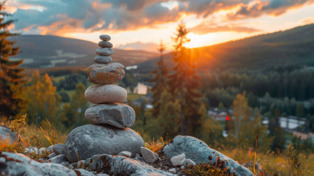 Serene zen meditation landscape with balanced stones in a tranquil natural environmentの素材