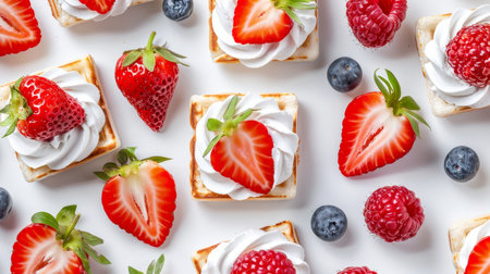 Delicious waffles topped with cream and fresh fruits on a white background a tempting treatの素材