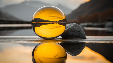 Golden Hour Reflection A Crystal Ball, a Stone, and the Serene Beauty of Natures Embraceの素材