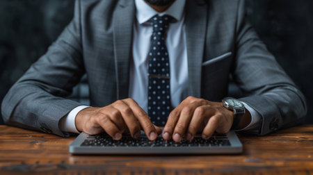 Unrecognizable Businessman Dressed in Formal Wear Sitting at Wooden Desk, Using Laptop Computerの素材